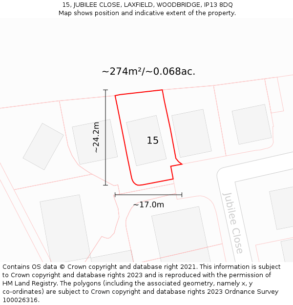 15, JUBILEE CLOSE, LAXFIELD, WOODBRIDGE, IP13 8DQ: Plot and title map