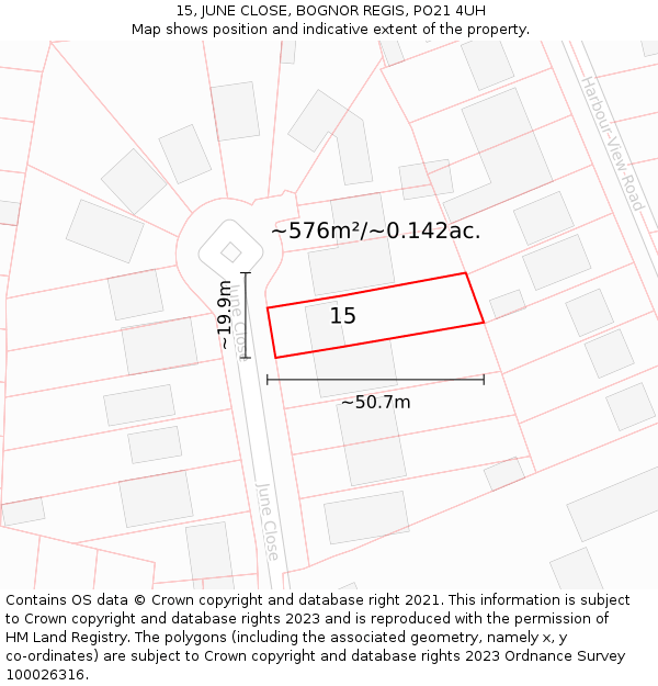 15, JUNE CLOSE, BOGNOR REGIS, PO21 4UH: Plot and title map