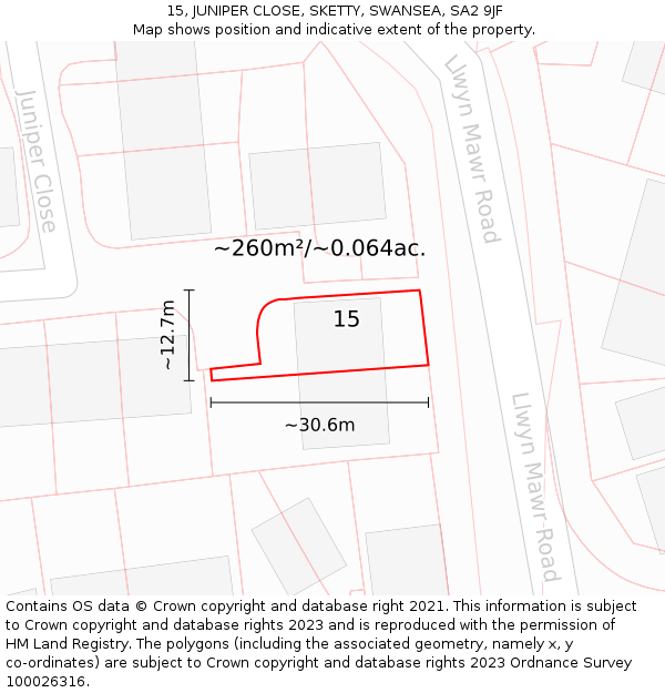 15, JUNIPER CLOSE, SKETTY, SWANSEA, SA2 9JF: Plot and title map