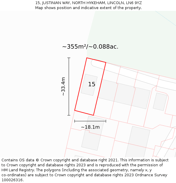 15, JUSTINIAN WAY, NORTH HYKEHAM, LINCOLN, LN6 9YZ: Plot and title map