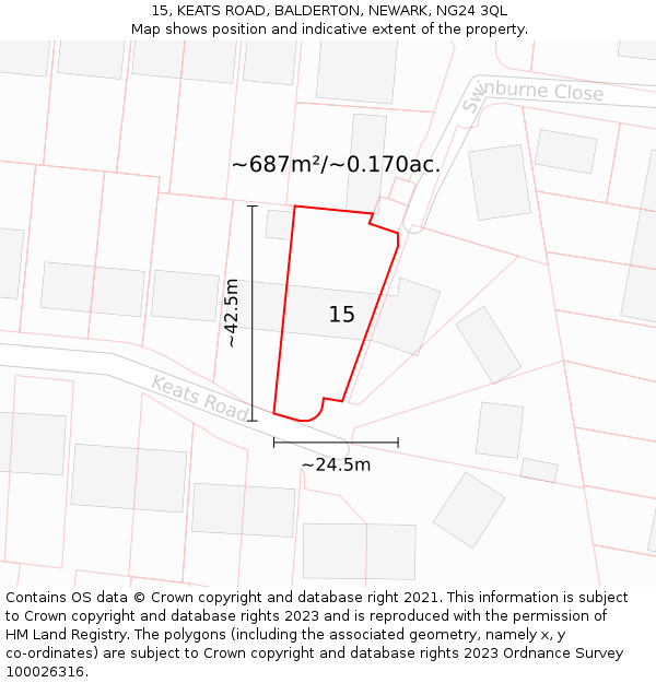 15, KEATS ROAD, BALDERTON, NEWARK, NG24 3QL: Plot and title map