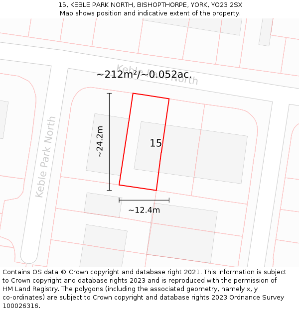 15, KEBLE PARK NORTH, BISHOPTHORPE, YORK, YO23 2SX: Plot and title map