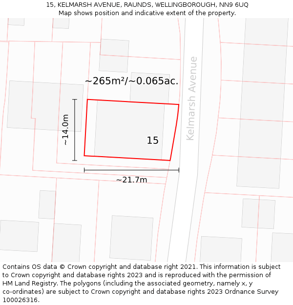 15, KELMARSH AVENUE, RAUNDS, WELLINGBOROUGH, NN9 6UQ: Plot and title map