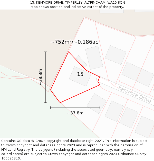 15, KENMORE DRIVE, TIMPERLEY, ALTRINCHAM, WA15 8QN: Plot and title map