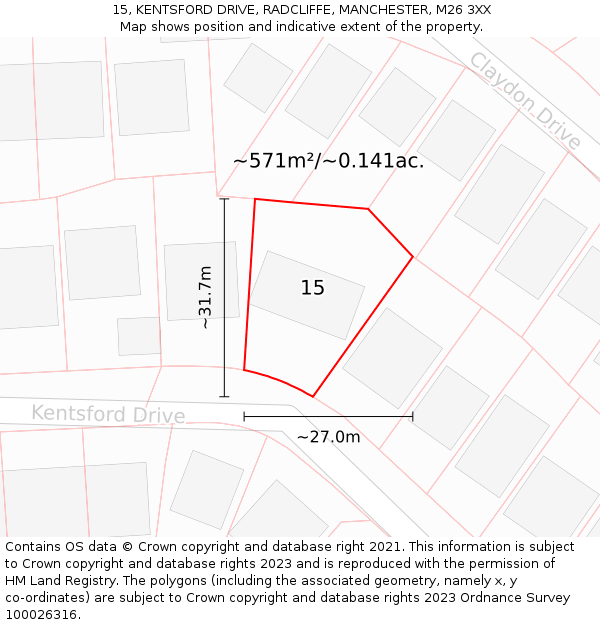 15, KENTSFORD DRIVE, RADCLIFFE, MANCHESTER, M26 3XX: Plot and title map