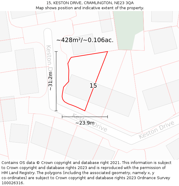 15, KESTON DRIVE, CRAMLINGTON, NE23 3QA: Plot and title map