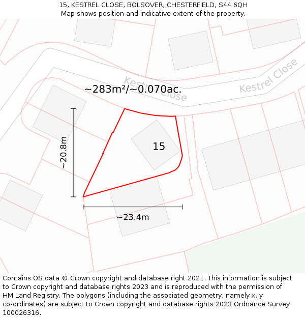 15, KESTREL CLOSE, BOLSOVER, CHESTERFIELD, S44 6QH: Plot and title map