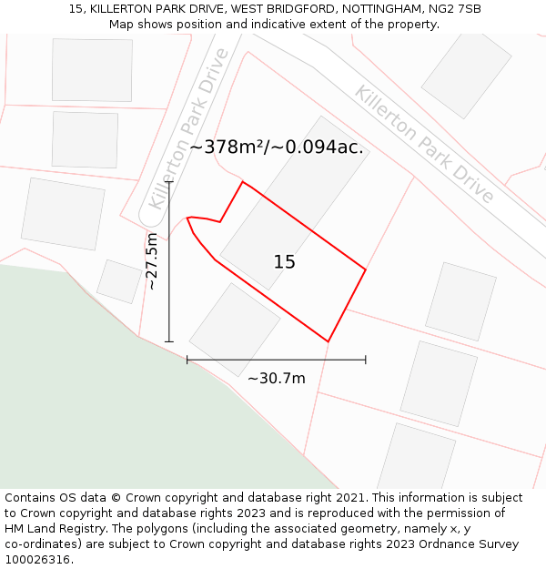 15, KILLERTON PARK DRIVE, WEST BRIDGFORD, NOTTINGHAM, NG2 7SB: Plot and title map