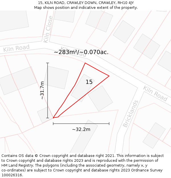 15, KILN ROAD, CRAWLEY DOWN, CRAWLEY, RH10 4JY: Plot and title map