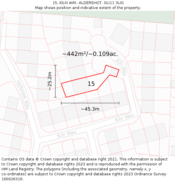 15, KILN WAY, ALDERSHOT, GU11 3UG: Plot and title map