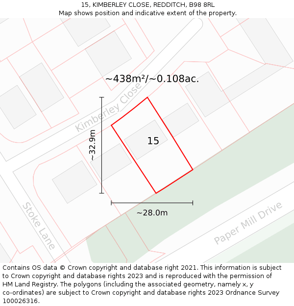 15, KIMBERLEY CLOSE, REDDITCH, B98 8RL: Plot and title map