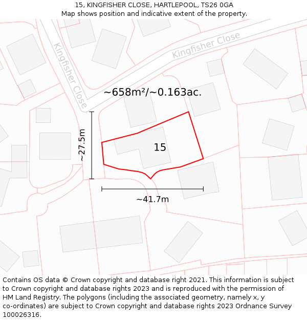 15, KINGFISHER CLOSE, HARTLEPOOL, TS26 0GA: Plot and title map