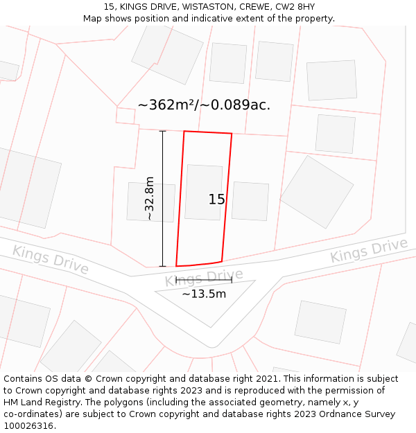 15, KINGS DRIVE, WISTASTON, CREWE, CW2 8HY: Plot and title map