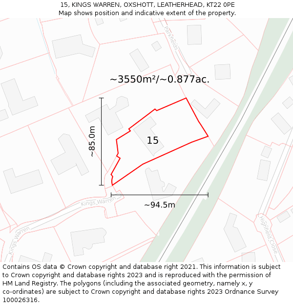 15, KINGS WARREN, OXSHOTT, LEATHERHEAD, KT22 0PE: Plot and title map
