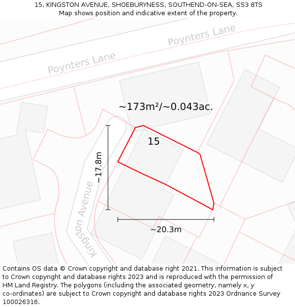 15, KINGSTON AVENUE, SHOEBURYNESS, SOUTHEND-ON-SEA, SS3 8TS: Plot and title map