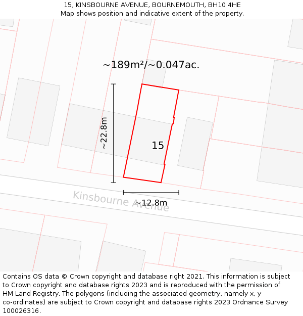 15, KINSBOURNE AVENUE, BOURNEMOUTH, BH10 4HE: Plot and title map