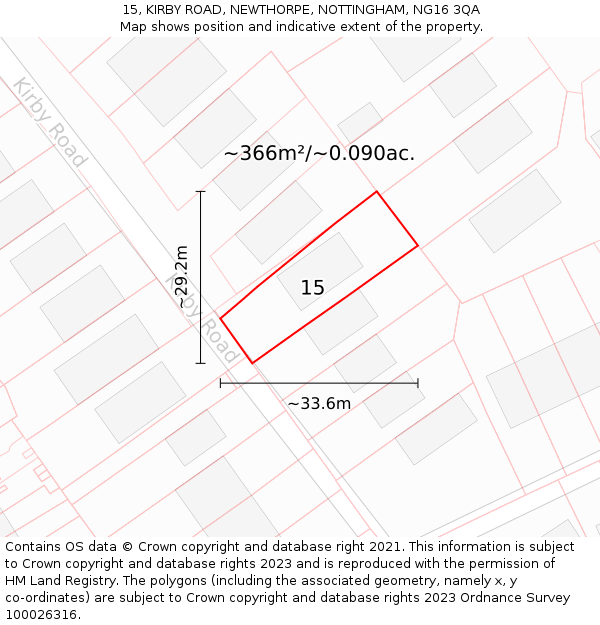 15, KIRBY ROAD, NEWTHORPE, NOTTINGHAM, NG16 3QA: Plot and title map