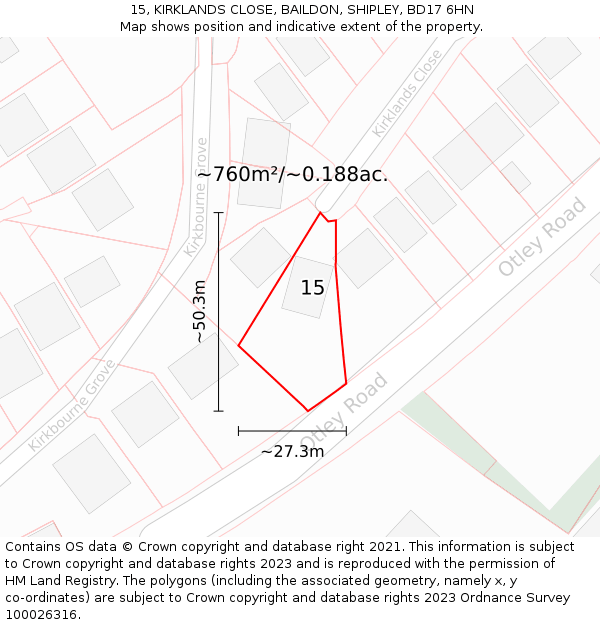 15, KIRKLANDS CLOSE, BAILDON, SHIPLEY, BD17 6HN: Plot and title map