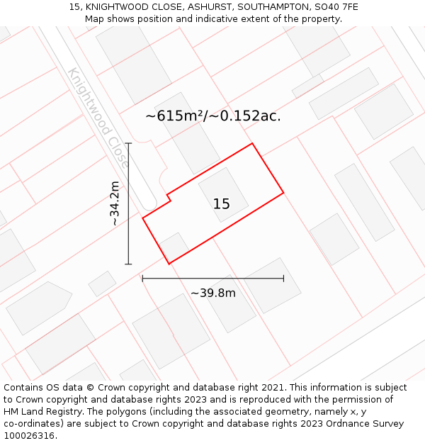 15, KNIGHTWOOD CLOSE, ASHURST, SOUTHAMPTON, SO40 7FE: Plot and title map