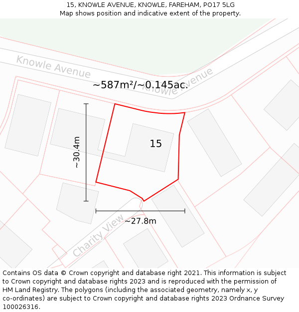 15, KNOWLE AVENUE, KNOWLE, FAREHAM, PO17 5LG: Plot and title map