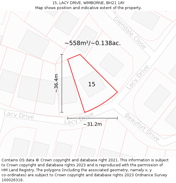 15, LACY DRIVE, WIMBORNE, BH21 1AY: Plot and title map