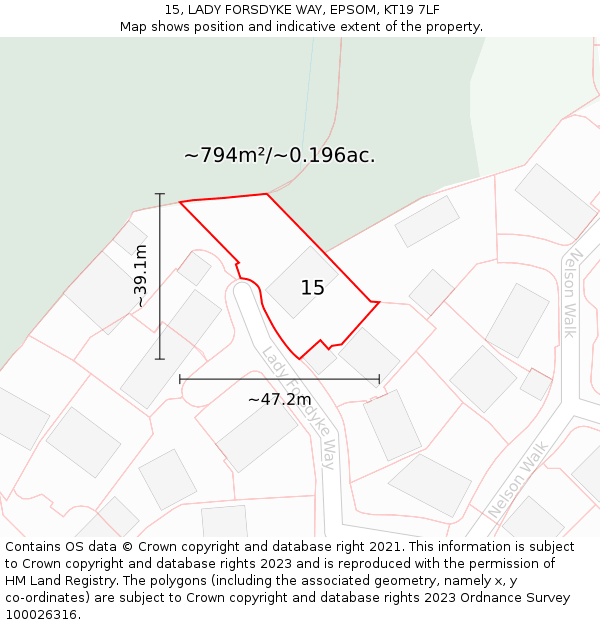 15, LADY FORSDYKE WAY, EPSOM, KT19 7LF: Plot and title map