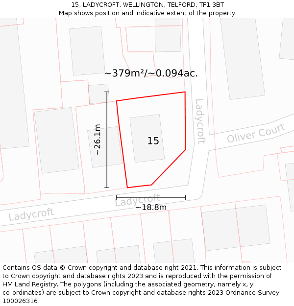 15, LADYCROFT, WELLINGTON, TELFORD, TF1 3BT: Plot and title map