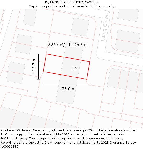 15, LAING CLOSE, RUGBY, CV21 1FL: Plot and title map