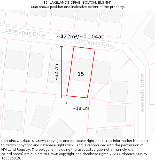 15, LAKELANDS DRIVE, BOLTON, BL3 4NN: Plot and title map