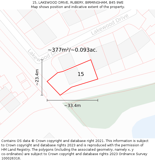 15, LAKEWOOD DRIVE, RUBERY, BIRMINGHAM, B45 9WE: Plot and title map