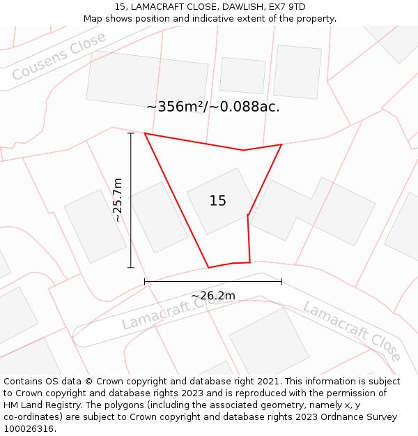 15, LAMACRAFT CLOSE, DAWLISH, EX7 9TD: Plot and title map