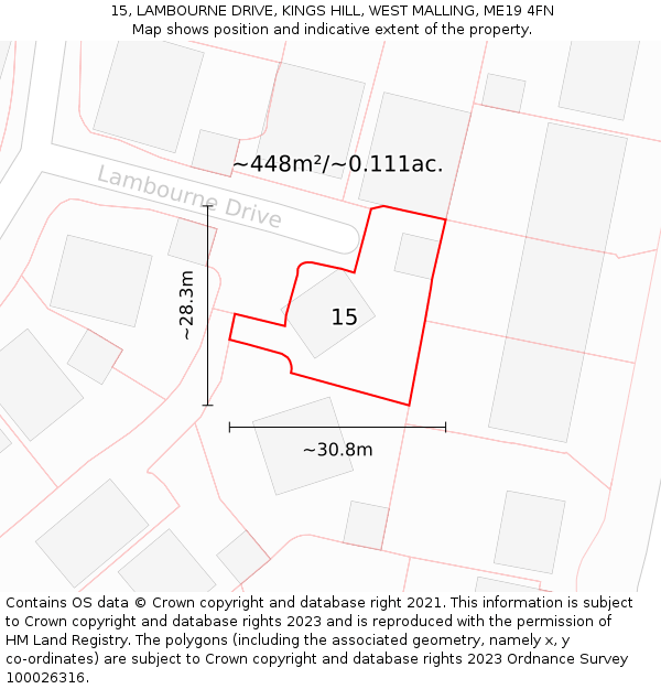 15, LAMBOURNE DRIVE, KINGS HILL, WEST MALLING, ME19 4FN: Plot and title map