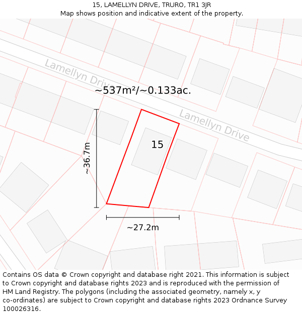 15, LAMELLYN DRIVE, TRURO, TR1 3JR: Plot and title map