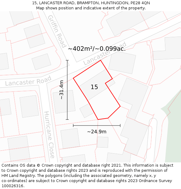 15, LANCASTER ROAD, BRAMPTON, HUNTINGDON, PE28 4QN: Plot and title map