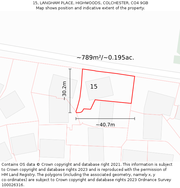 15, LANGHAM PLACE, HIGHWOODS, COLCHESTER, CO4 9GB: Plot and title map