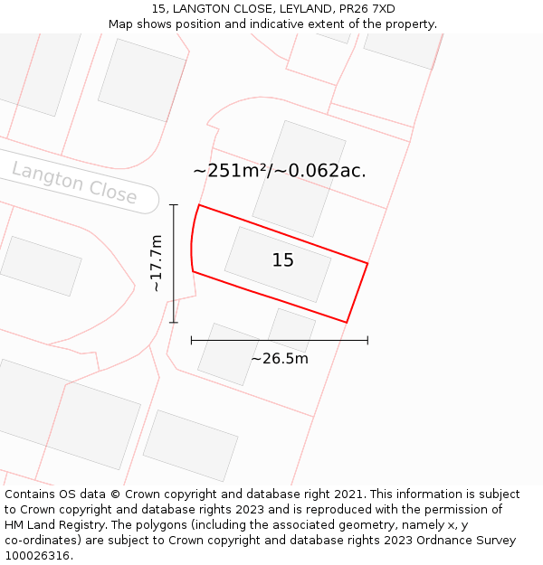 15, LANGTON CLOSE, LEYLAND, PR26 7XD: Plot and title map