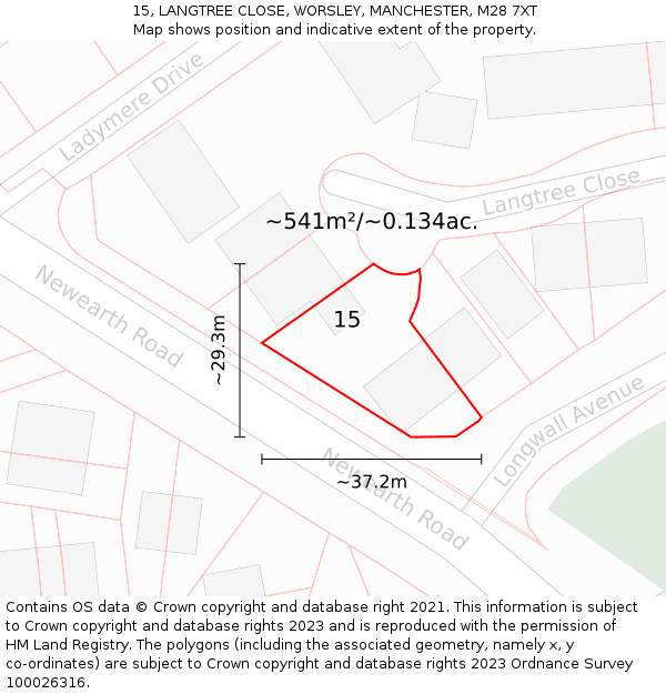 15, LANGTREE CLOSE, WORSLEY, MANCHESTER, M28 7XT: Plot and title map