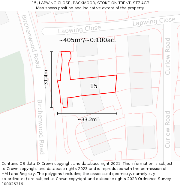 15, LAPWING CLOSE, PACKMOOR, STOKE-ON-TRENT, ST7 4GB: Plot and title map