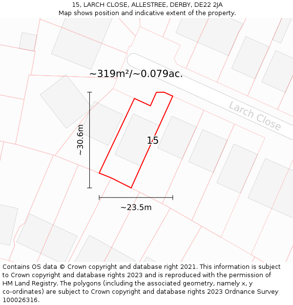 15, LARCH CLOSE, ALLESTREE, DERBY, DE22 2JA: Plot and title map