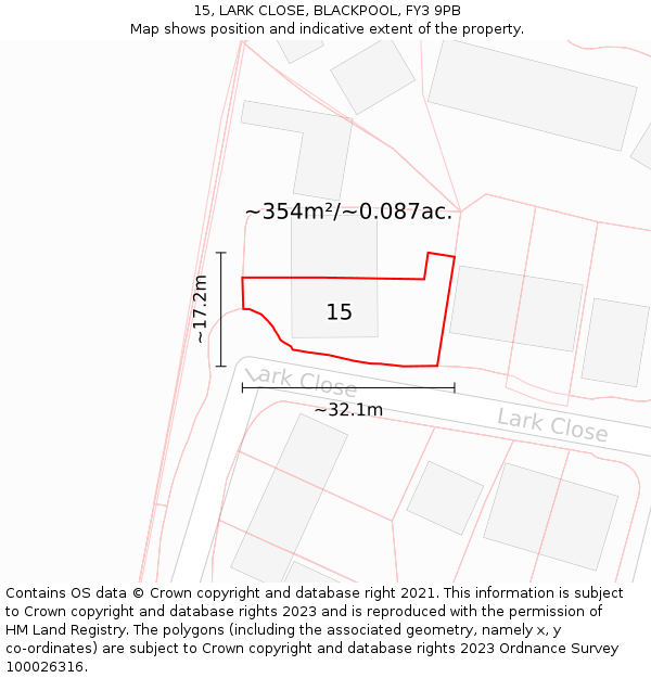 15, LARK CLOSE, BLACKPOOL, FY3 9PB: Plot and title map