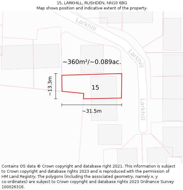 15, LARKHILL, RUSHDEN, NN10 6BG: Plot and title map