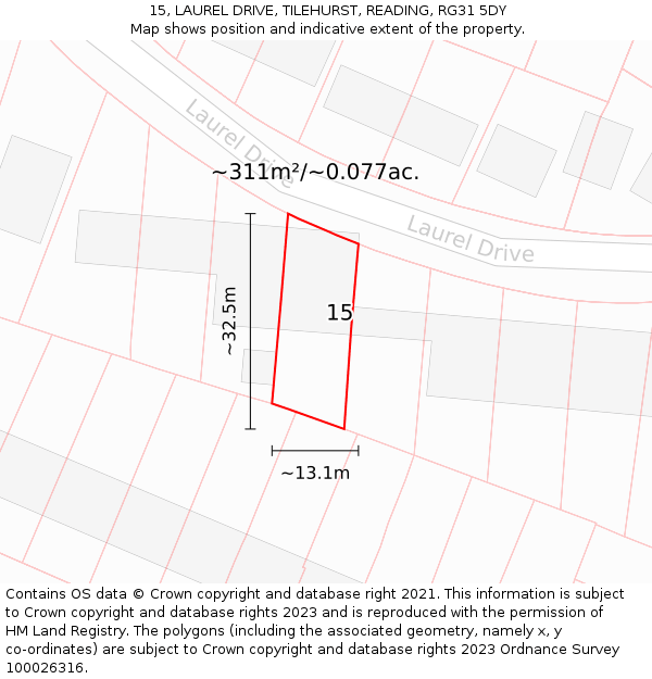 15, LAUREL DRIVE, TILEHURST, READING, RG31 5DY: Plot and title map