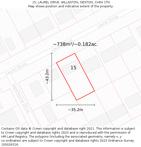 15, LAUREL DRIVE, WILLASTON, NESTON, CH64 1TN: Plot and title map