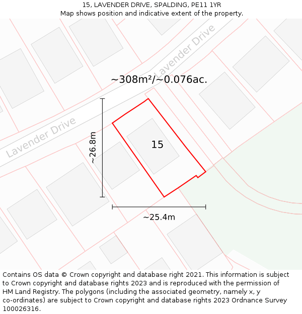 15, LAVENDER DRIVE, SPALDING, PE11 1YR: Plot and title map