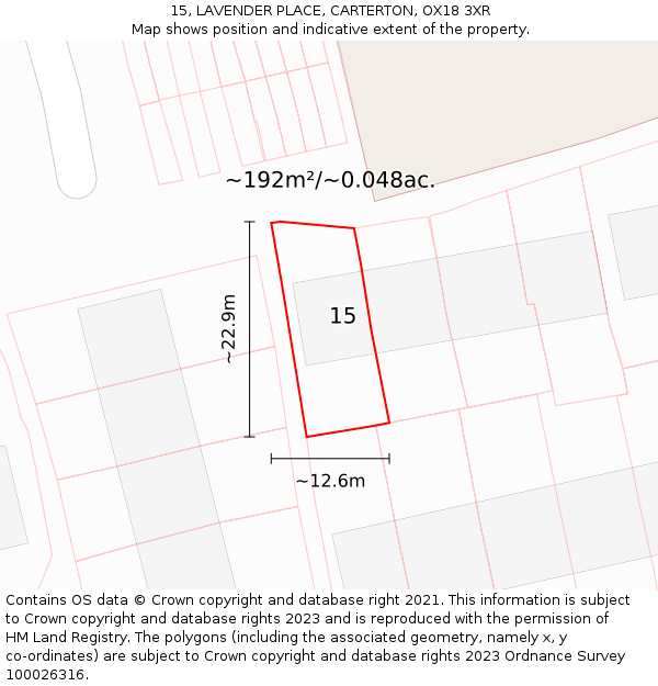 15, LAVENDER PLACE, CARTERTON, OX18 3XR: Plot and title map