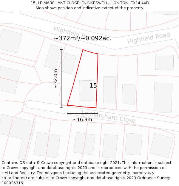 15, LE MARCHANT CLOSE, DUNKESWELL, HONITON, EX14 4XD: Plot and title map