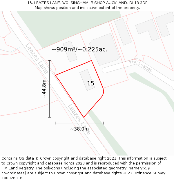 15, LEAZES LANE, WOLSINGHAM, BISHOP AUCKLAND, DL13 3DP: Plot and title map