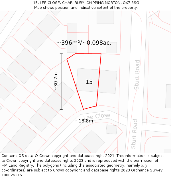 15, LEE CLOSE, CHARLBURY, CHIPPING NORTON, OX7 3SG: Plot and title map