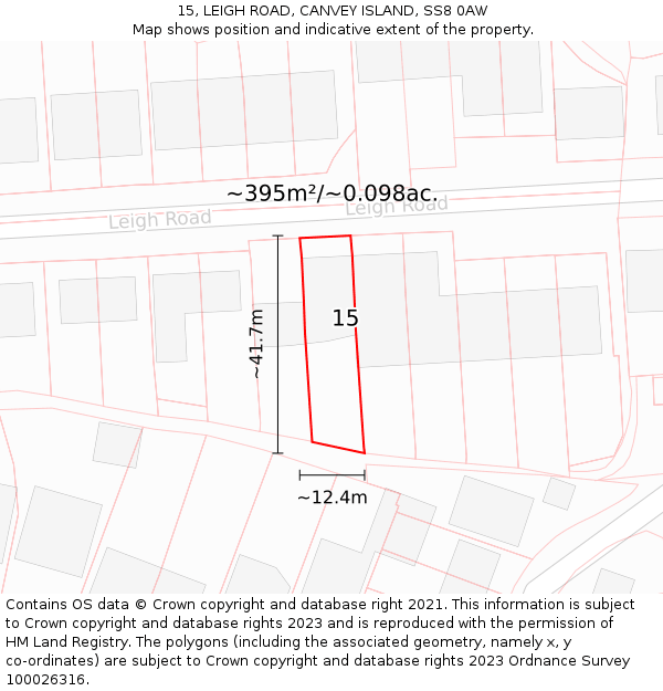 15, LEIGH ROAD, CANVEY ISLAND, SS8 0AW: Plot and title map