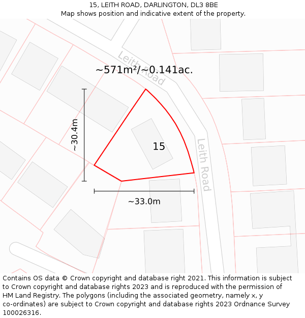 15, LEITH ROAD, DARLINGTON, DL3 8BE: Plot and title map